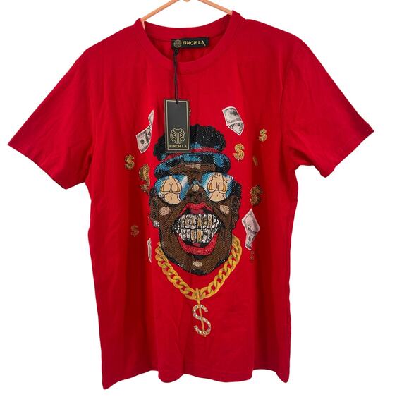 FINCH LA T-Shirt Small NWT 100% Cotton Red Rhinestone Bling Streetwear Money Men - Picture 1 of 9